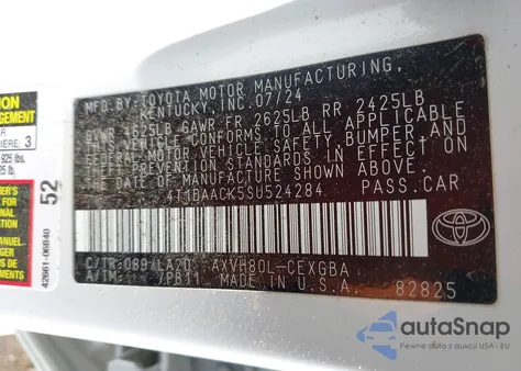 2025 Toyota Camry Xle из США, поврежденный, VIN 4T1DAACK5SU524284